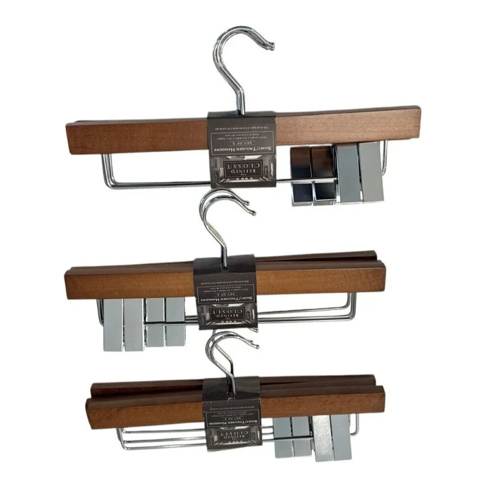 The Refined Closet Wooden Metal Clamp Hangers Pants Trousers Lot of 3 NEW